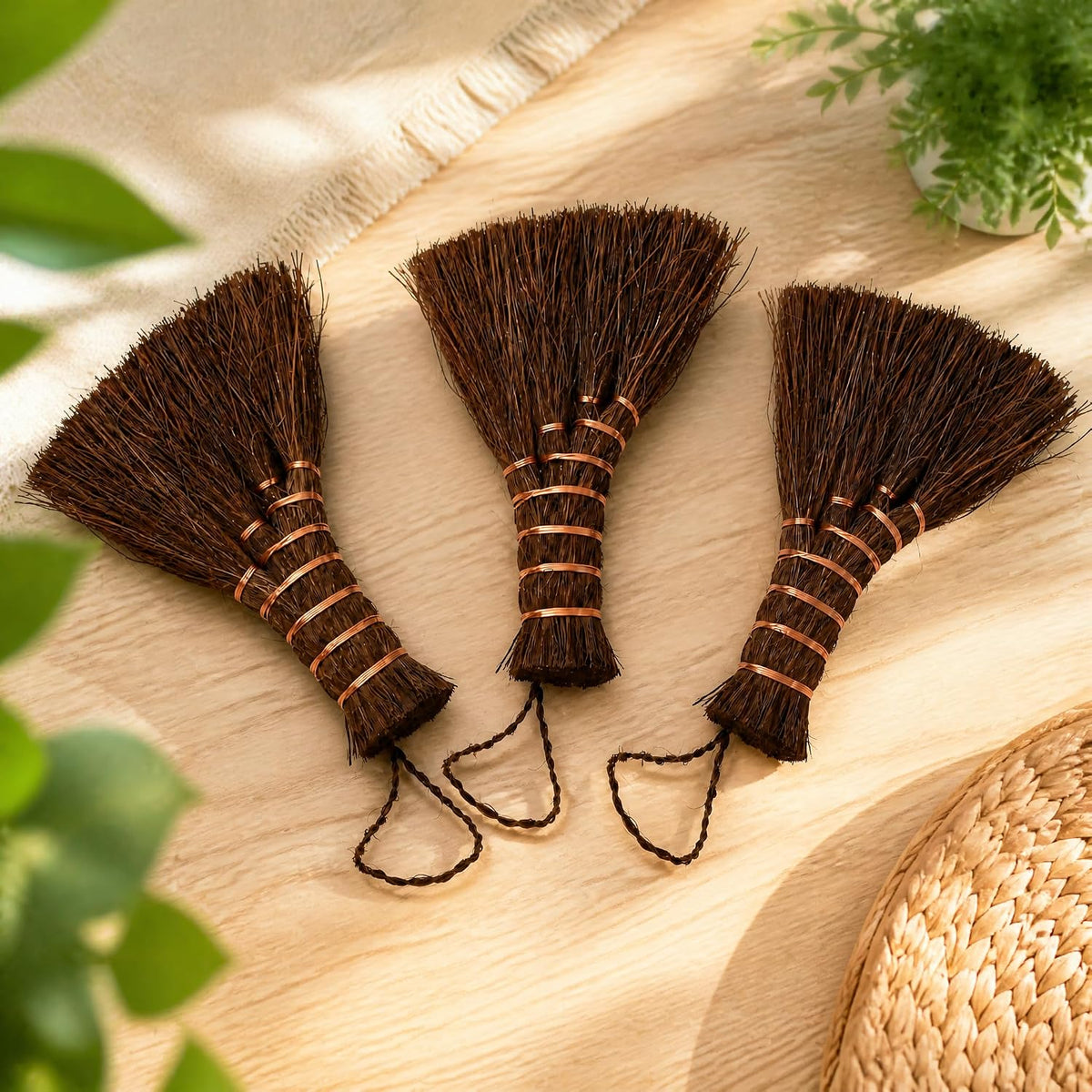 Fasmov 3 Pack Bonsai Broom Brush, Natural Straw Broom with Embroidery Nylon Thread Handle with Hanger, Whisk Broom Hand Brush Car Broom for Cleaning Dustpan Desktop