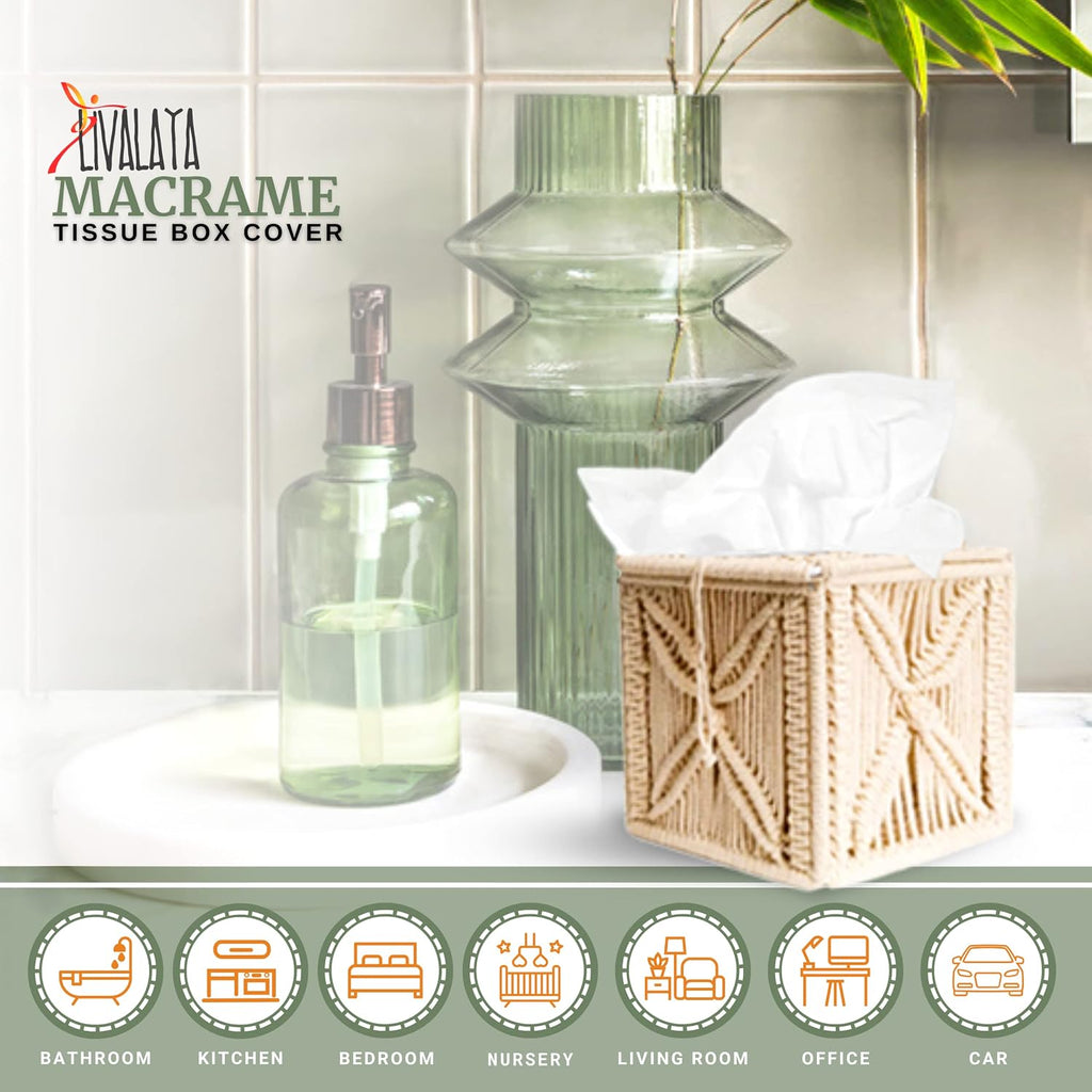 Livalaya Macrame Tissue Box Cover Square Cute Boho Tissue Box Holder, Macrame Napkin Tissues Organizer Toilet Paper holder or Tissues Cube box cover for Bathroom vanity, Bedroom Night Stand Home Décor