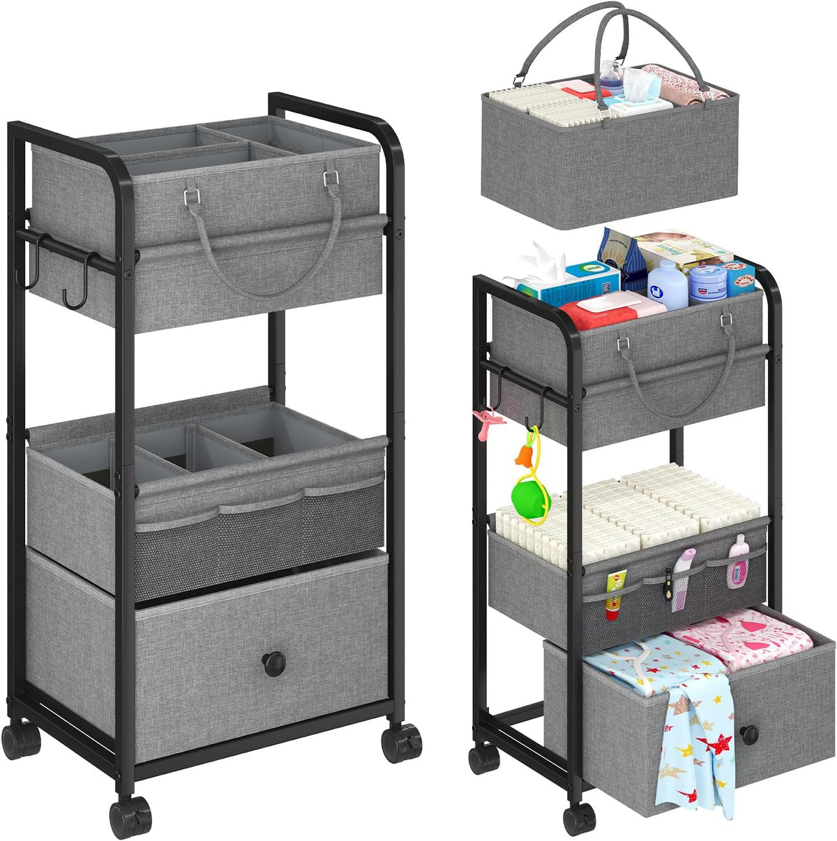 Cidaziya 3In1 Baby Diaper Caddy Organizer, 3 Tier Rolling Cart with Drawer, Detachable Dividers, Mobile Utility Cart Baby Dresser Clothes Organizer for Crib, Bedroom, Art & Craft Storage, Grey
