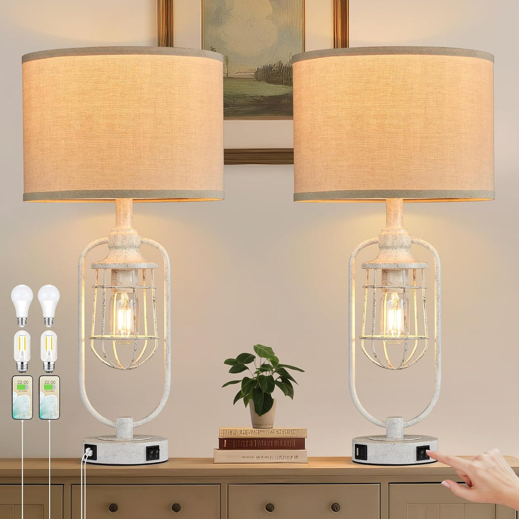 24" Antique Farmhouse Table Lamps Set of 2 for Living Room, USB A+C