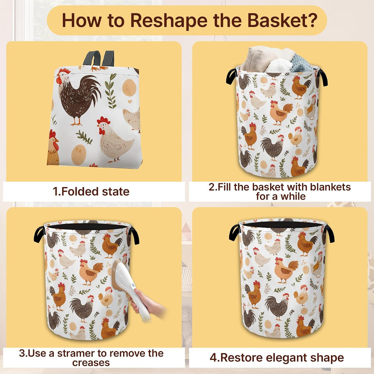 Laundry Hamper Foldable with Handles,Chicken Farm Oxford Cloth Laundry Basket,Rooster Grass Storage Organizer for Bathroom Bedroom Dorm 16"x20.8"