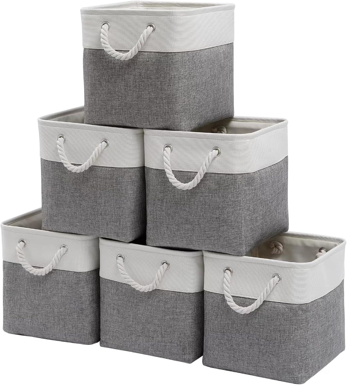 Fabric Storage Cubes 13 x 13, Collapsible Storage Bins for Shelf Baskets, Cube Storage Organizer White Gray Bins with Cotton Handles, Foldable Storage Bin box, Cube Storage Bin 6 Pack