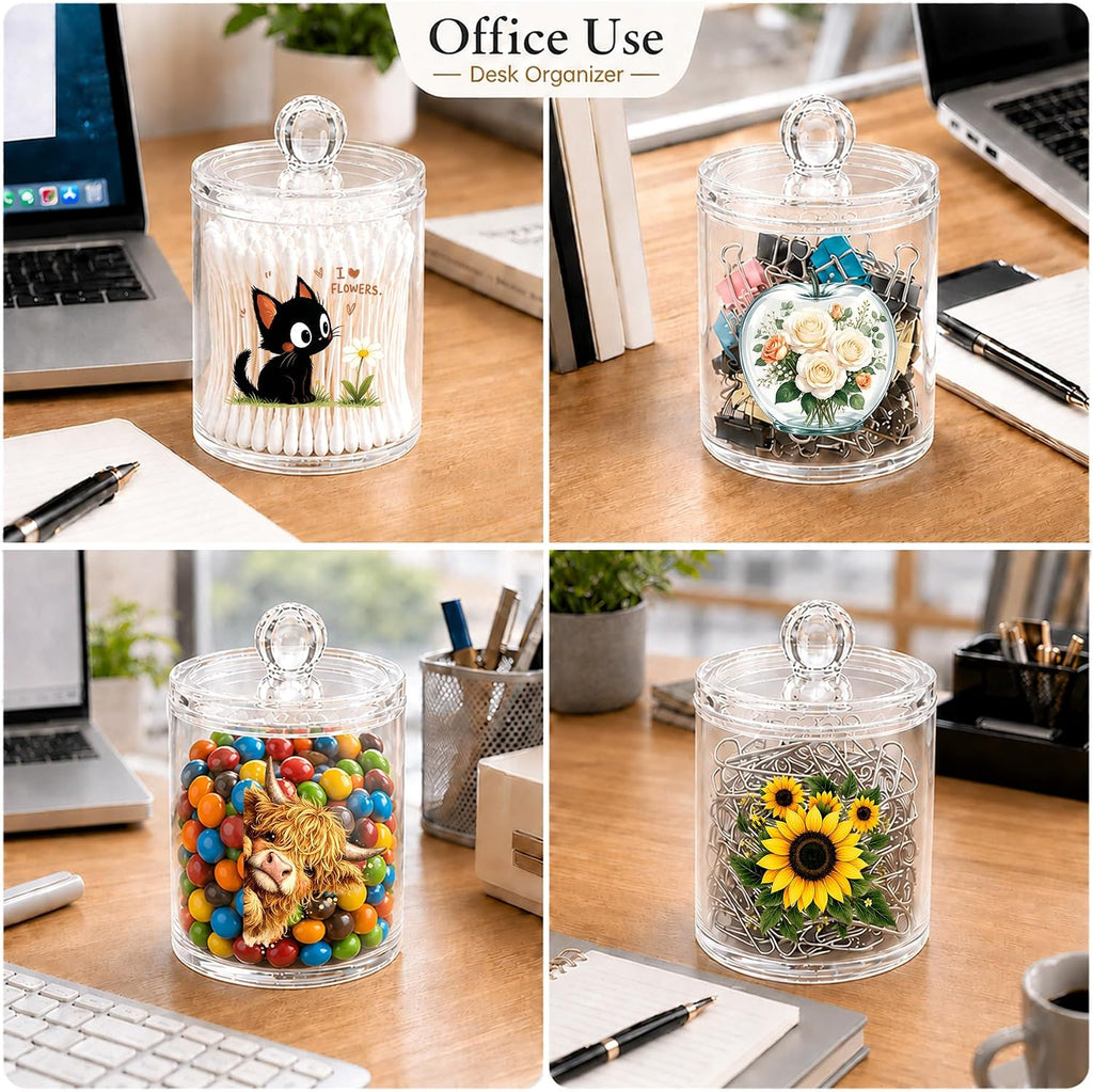 Floral Apple Cotton Swab Holder with Lid Clear Acrylic Canister