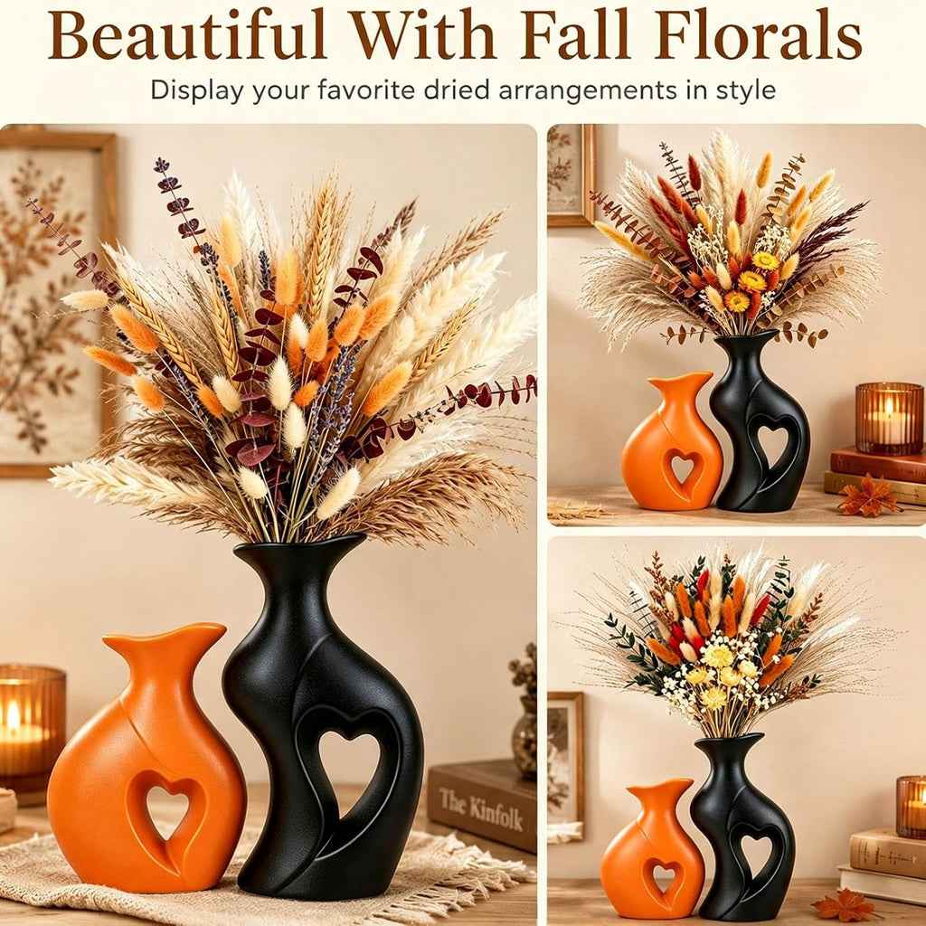Fall Ceramic Vases Heart Shaped Vase Set of 2 (Orange & Black)