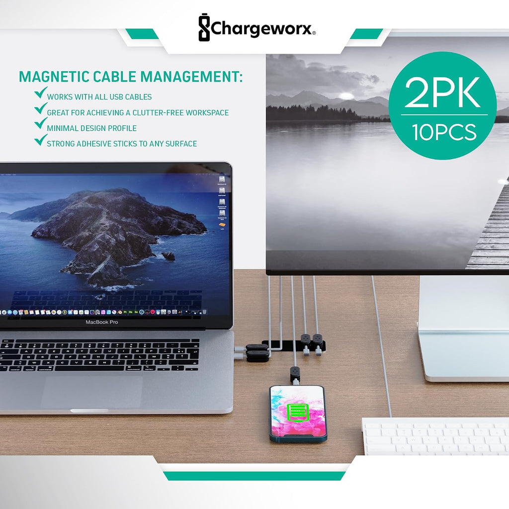 Chargeworx Magnetic Cable Holder Cable Management Multipurpose Desktop Cable Management System, 10-Pack, Great for USB-C, Lightning, Micro-USB & Other Cables Sticks to Any Surface (Black - 10 Pack)