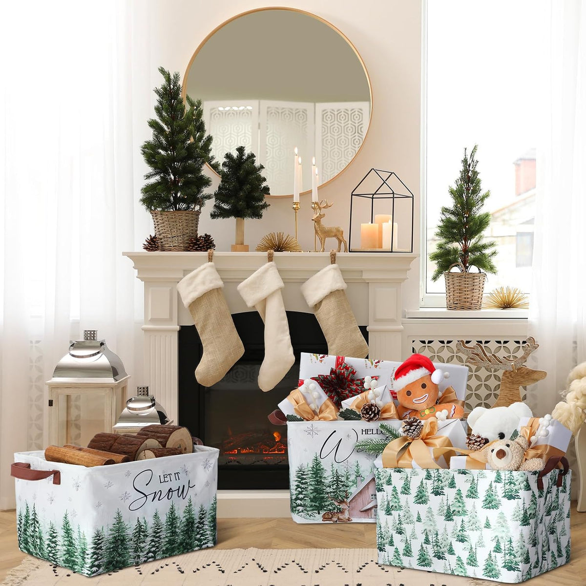 Beeveer 3 Pcs Winter Tree Wonderland Reindeer Storage Bin Xmas Tree Foldable Basket with Handle Fabric Storage Container Cube Box for Home Office Dorm Closet Shelf Toy Organizer