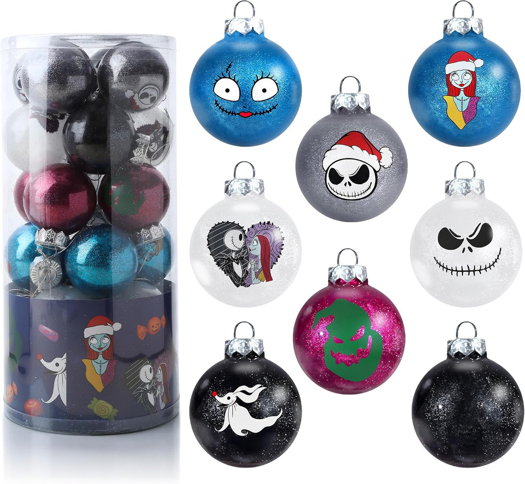 Nightmare Christmas Ball Ornaments Set, Skull Pattern Jack White and Black Xmas Tree Decorations, Plastic Shatterproof Hanging Balls Halloween Decor, 2.36”/60mm (24, Colorful)