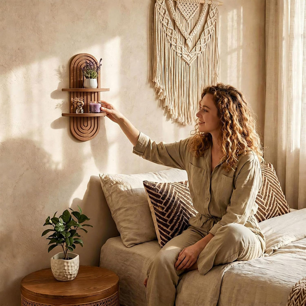 Boho Wall Decor Brown Plant Wall Shelf, 16.9in Walnut Floating Shelves for Wall, 2 Tier Mid Century Modern Decor Hanging Plant Shelf for Home, Bedroom Living Room Office Decoration