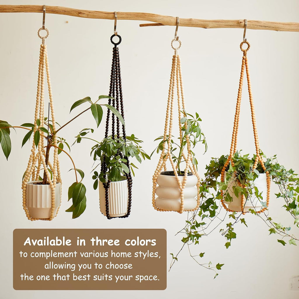 Boho Wood Bead Macrame Plant Hangers, 2Pack Handmade Beaded Hanging Planter Holders for Indoor with 4 Hooks, Fits 4–8 Inch Pots, Hanging Basket for Living Room Bedroom Patio Balcony Home Decor