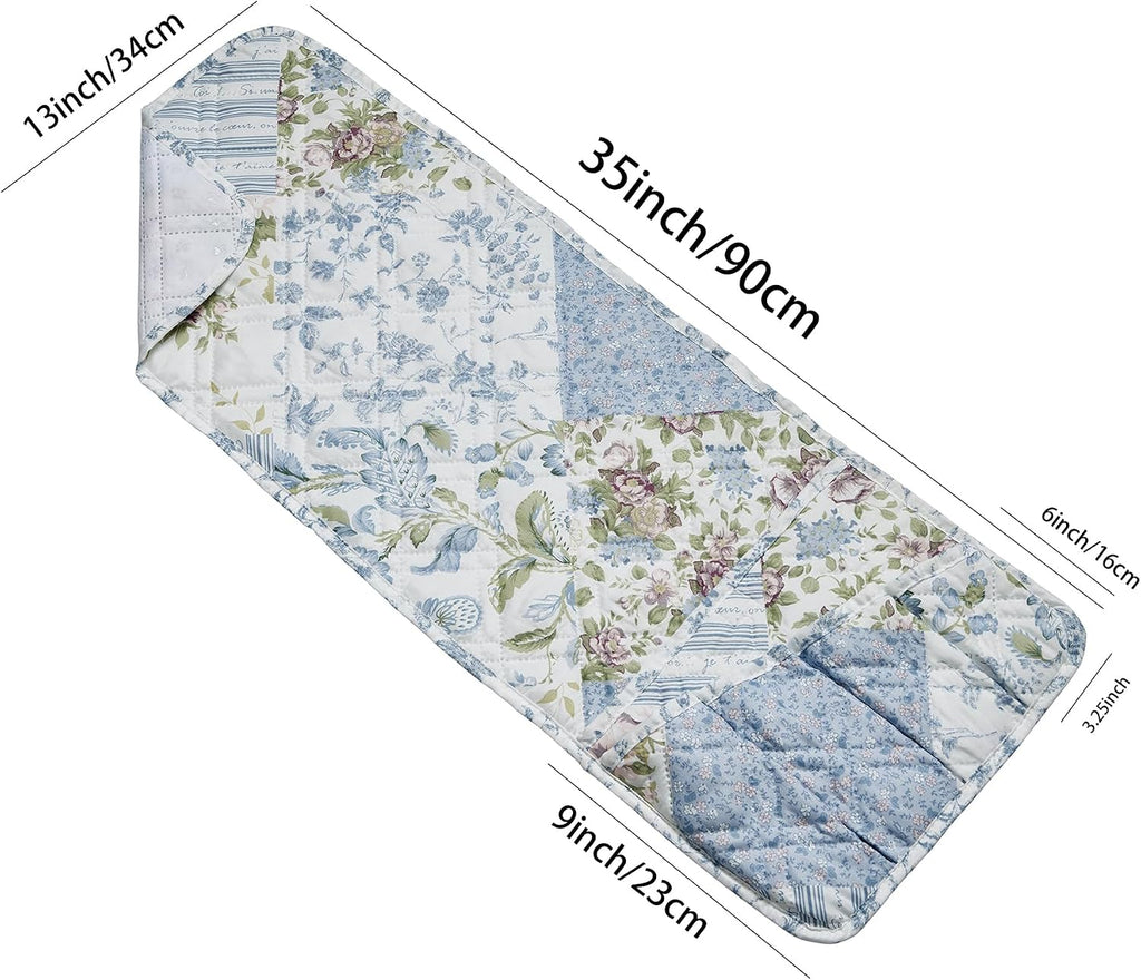 Brilliant Sunshine Blue Roses Patchwork Couch Armrest Organizer, 35"×13"