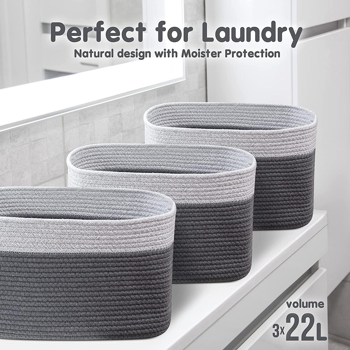 CHAT BLANC Cotton Rope Baskets for Organizing I Storage Baskets for Shelves | Rope Basket for Storage, Small Laundry Baskets, Woven Baskets for Storage, Dog Toy Bin, Baby Basket, Gray & Graphite 3Pack