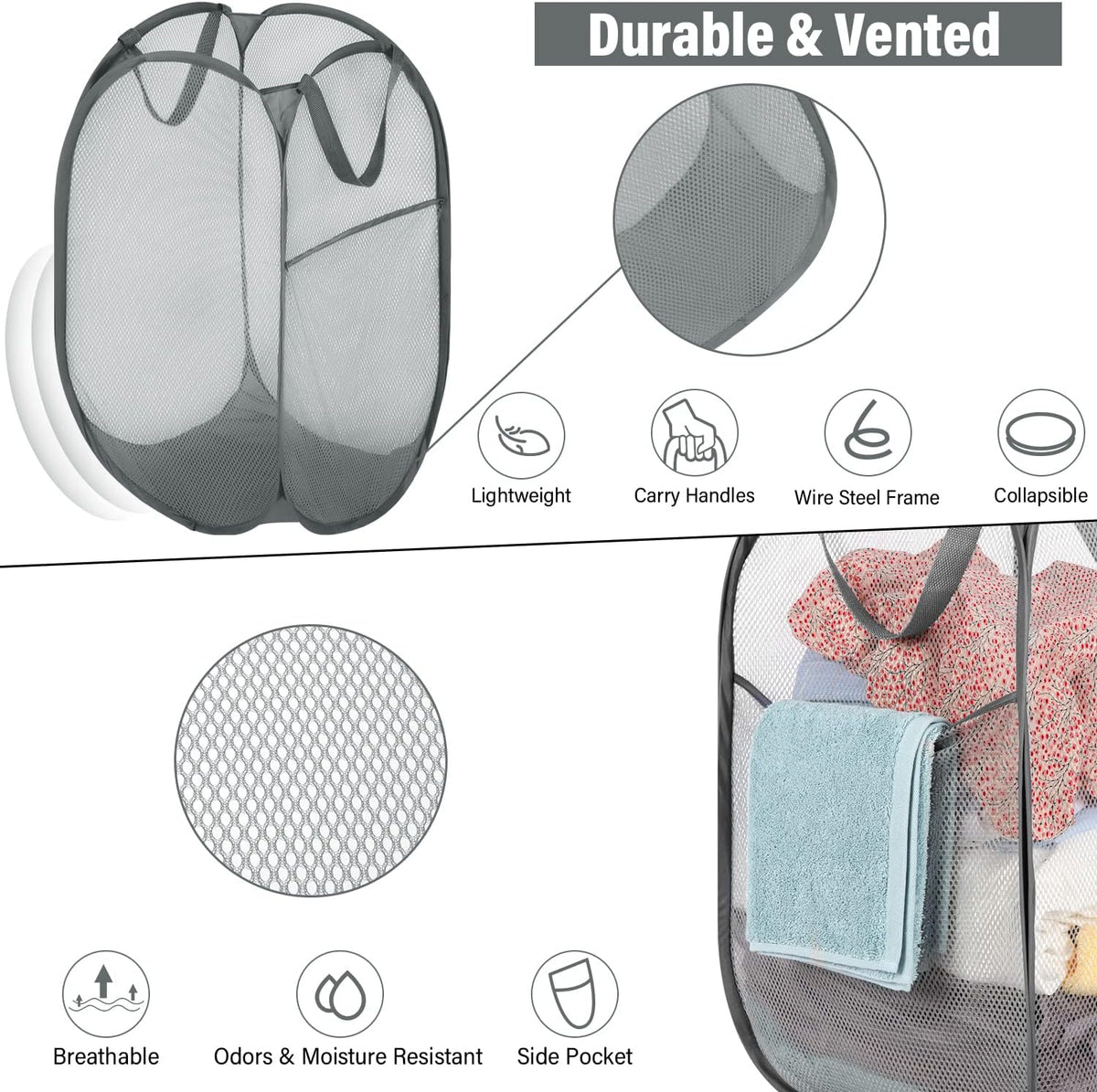 BATTOO 3 Pack Collapsible Laundry Basket Strong Mesh Pop Up Laundry Hamper for Laundry Foldable Hampers with Side Pocket Reinforced Handles for Bathroom, Kids Room, College Dorm or Travel Grey