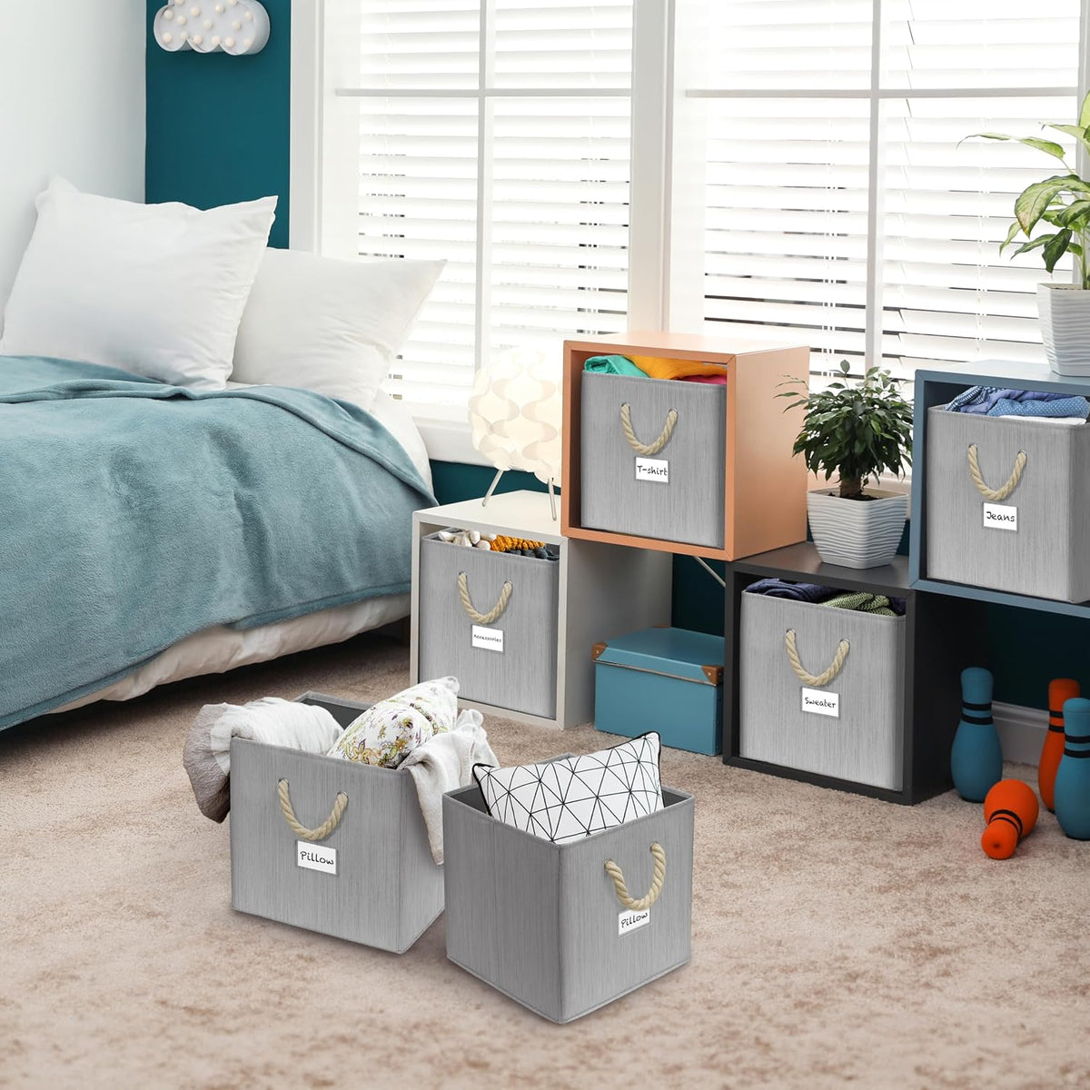 Simple Houseware 11-Inch Cube Storage Bin with Braided Handles, Gray