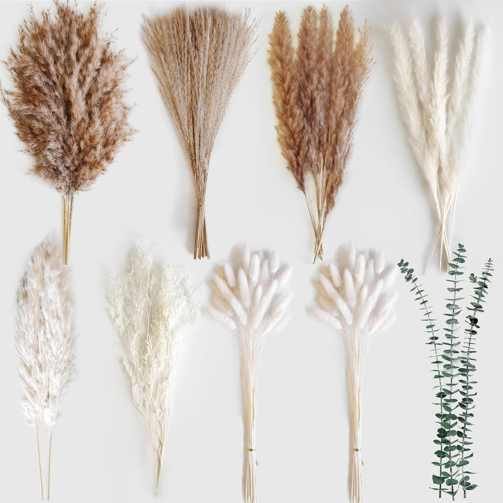 Dried Flower Bouquet - Pampas Grass, Bunny Tails, Olive Green Eucalyptus & Preserved Flowers - Boho Chic Home Decor, Rustic Wedding Centerpiece, Farmhouse Style Arrangement (Vase Not Included)