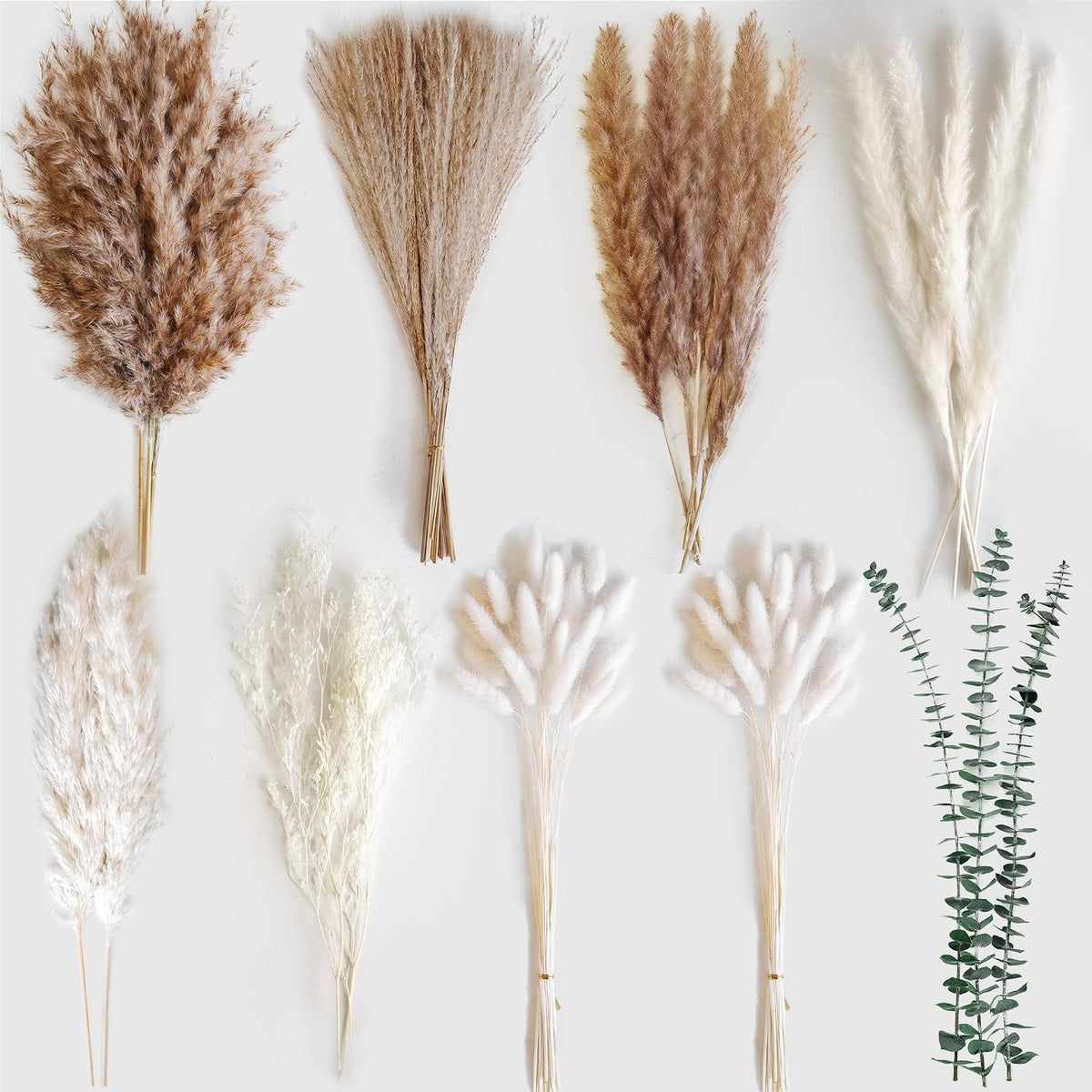 Dried Flower Bouquet - Pampas Grass, Bunny Tails, Olive Green Eucalyptus & Preserved Flowers - Boho Chic Home Decor, Rustic Wedding Centerpiece, Farmhouse Style Arrangement (Vase Not Included)