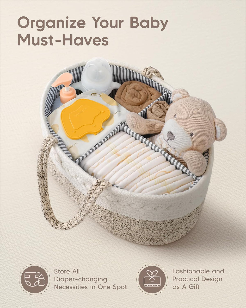 Maliton Diaper Caddy Organizer for Baby, Cotton Rope Baby Gift Basket, Portable Diaper Organizer for changing table, Nursery Storage Organizer, Shower Gifts for Newborn,baby essentials