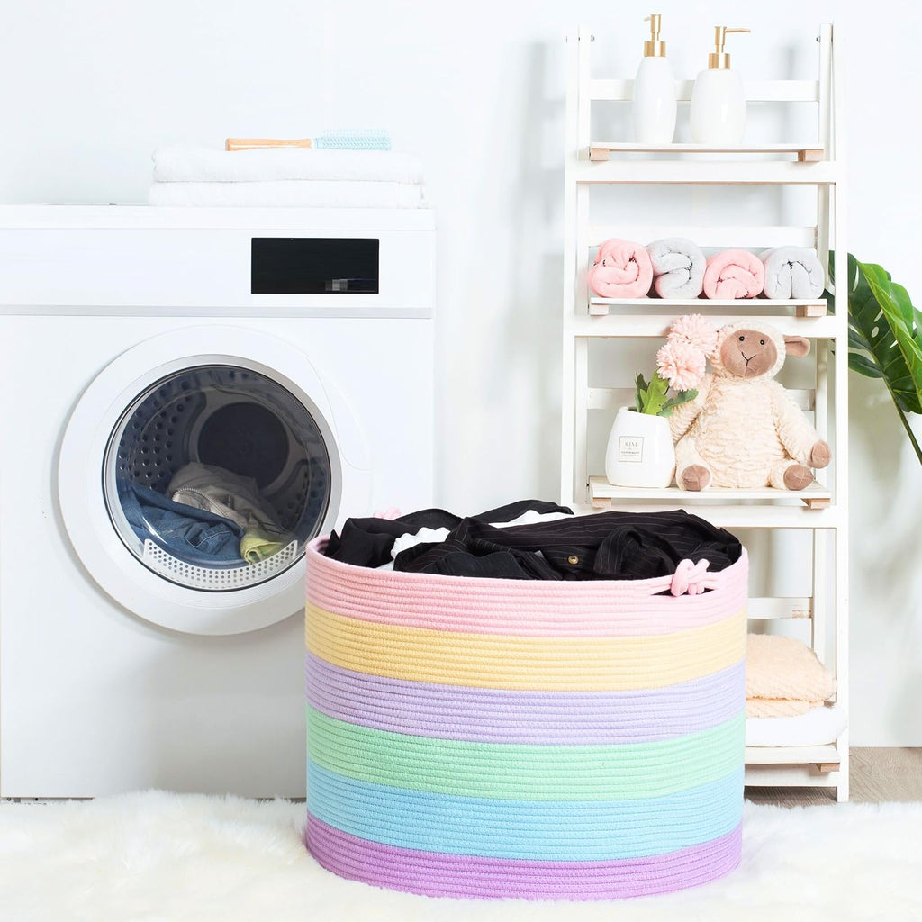 MINTWOOD Design XXXXLarge 22 x 16in Decorative Woven Cotton Rope Blanket Storage Basket Bin Living Room with Handles and Laundry Hamper for Pillows, Pool Towels, Dog Toys, Shoes, Pastel Rainbow
