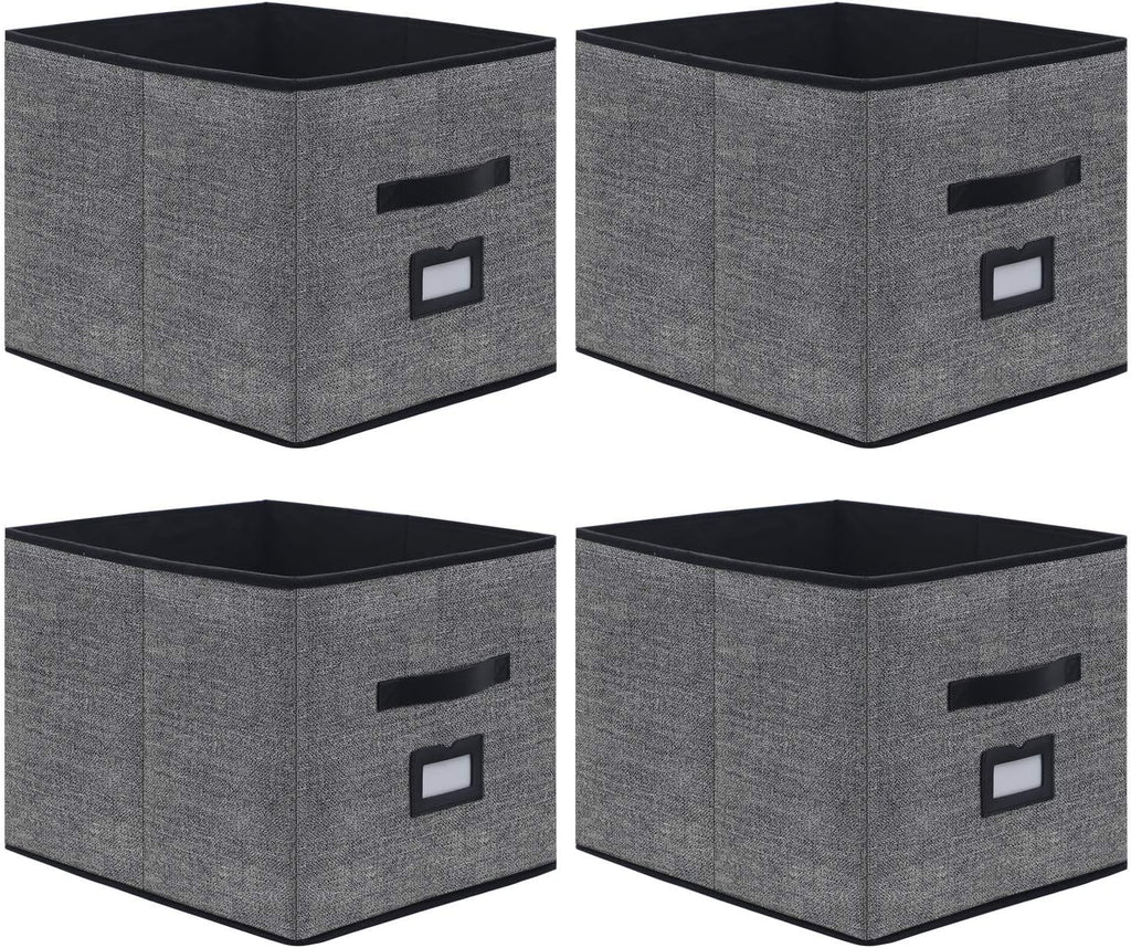 Onlyeasy Extra Large Foldable Cloth Storage Cubes 4 Pack with Label Holders - Fabric Storage Bins Baskets Organizers for Home Office Nursery with Handles, 13 L x 15 W x 13 H Inch, Black, MXABXL04PLP