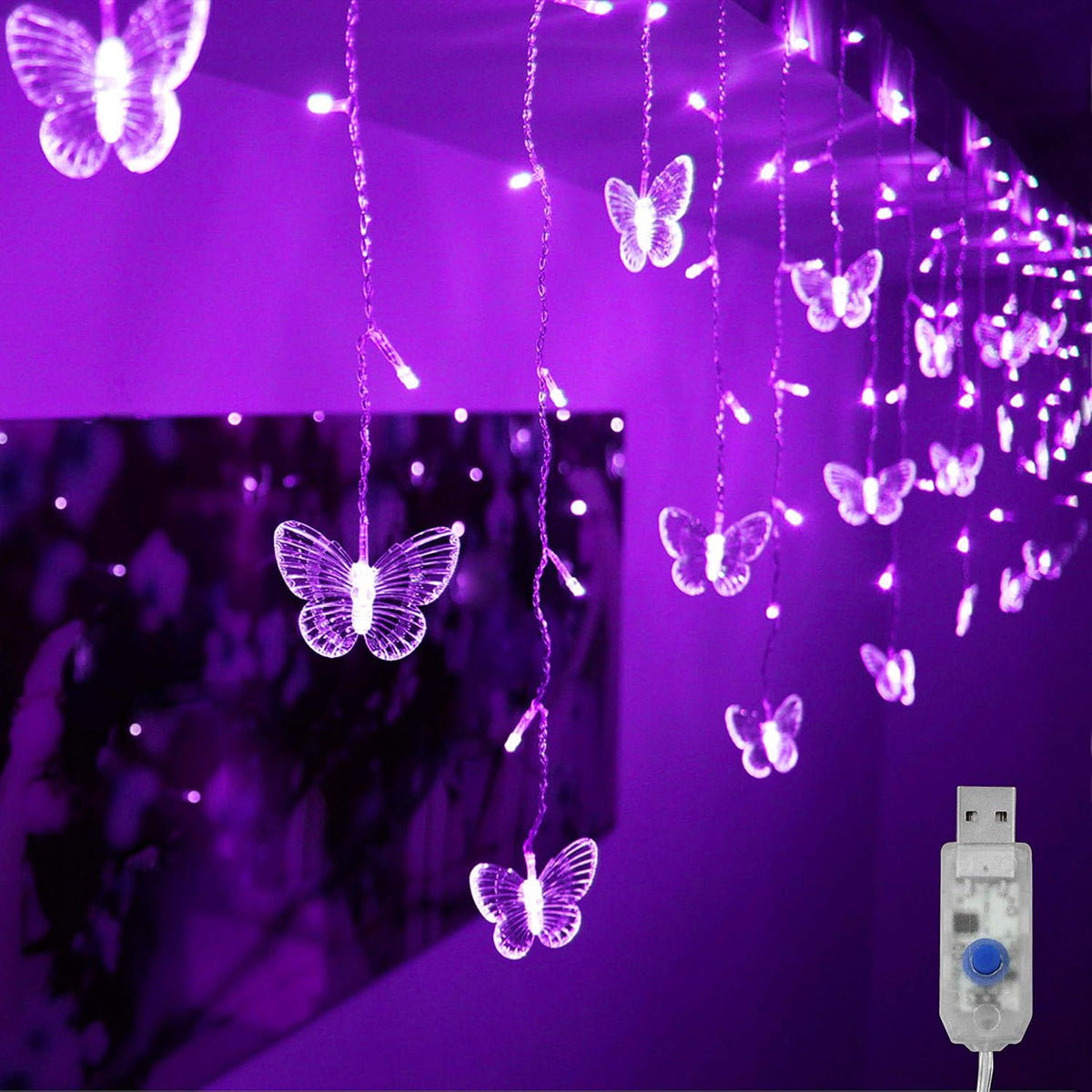 Butterfly Curtain Lights, 4.9ft 48 LED USB Window Fairy Lights 10 Butterflies 8 Modes Firefly Twinkle String Lights for Room Bedroom Wall Ceiling Party Wedding Christmas (Purple)