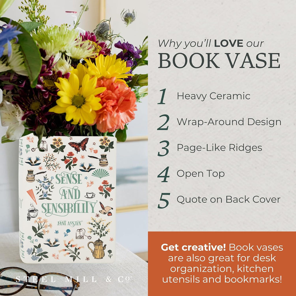 Steel Mill & Co. Ceramic Book-Shaped Vase, Sense and Sensibility