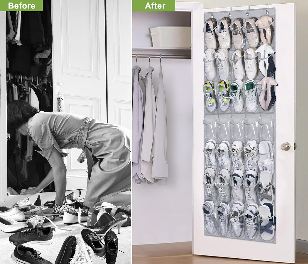 MISSLO 35 Clear Large Pockets Over The Door Shoe Organizer Sturdy Oxford Fabric Hanging Shoe Rack Closet Shoe Holder Hanger, Grey
