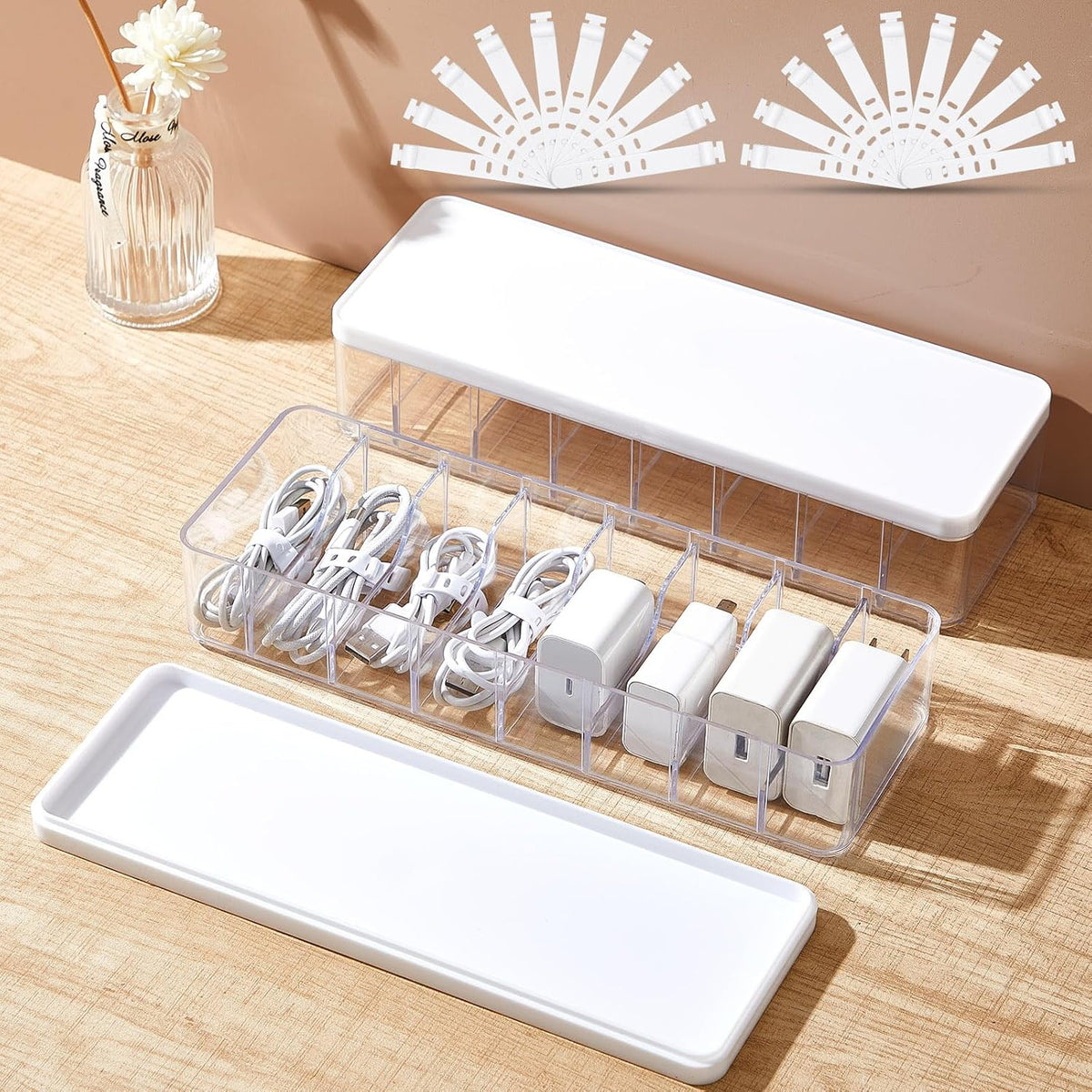 Tatuo Cord Organizer Box with Lid, Clear, White, 2 Pack