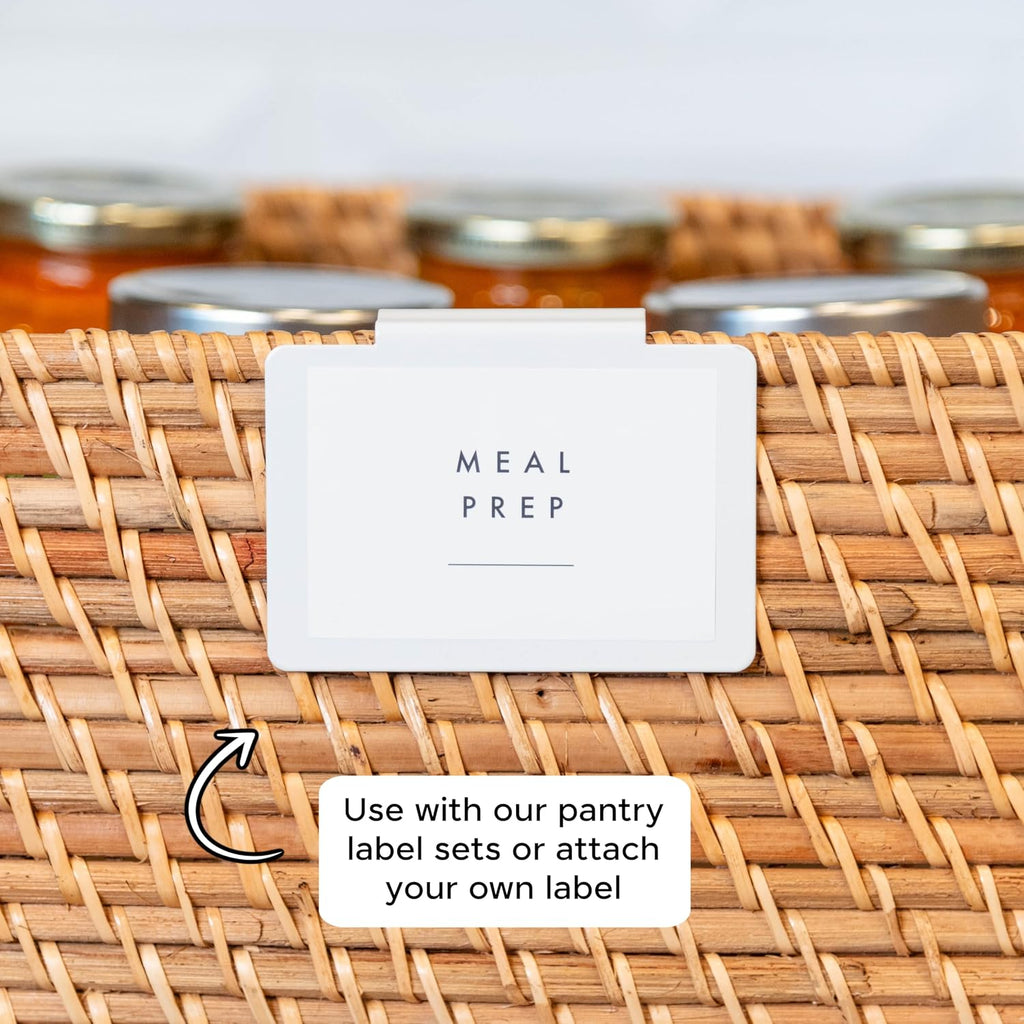 Storage Bin Label Holders Clip-On – 10 Pack Metal Basket Labels for Pantry, Baskets, Shelves & Organization Bins, 3.5” x 2.5