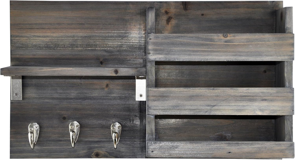Wall-Mounted Key Holder Hooks - Rustic Wood Weathered Grey & Black - Entryway Organizer for Mail, Leashes, and Purses - Floating Shelf, 16.5” W x 9.75" H x 4.5” D
