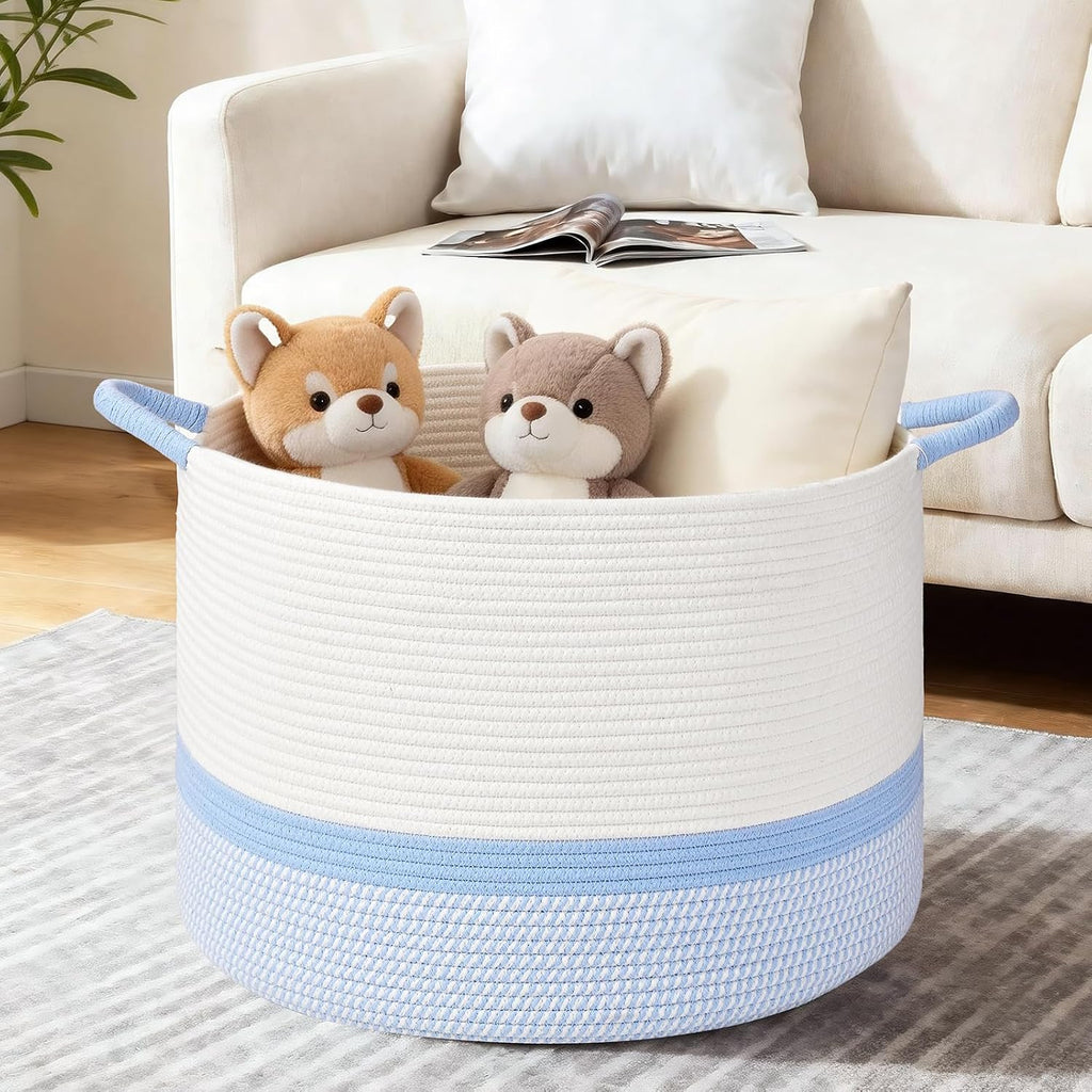 67L Large Blanket Basket, 20"x13" Blanket Basket Living Room, Woven Baskets With Handle, Toy Baskets for Blankets, Nursery, Dog, Pillow, Gift (White & Blue)