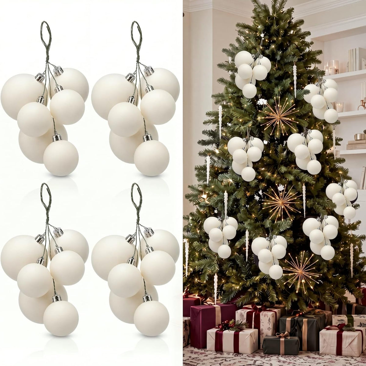 Roowest 4 Sets Large Velvet Christmas Ball Clusters Ornaments White Decor