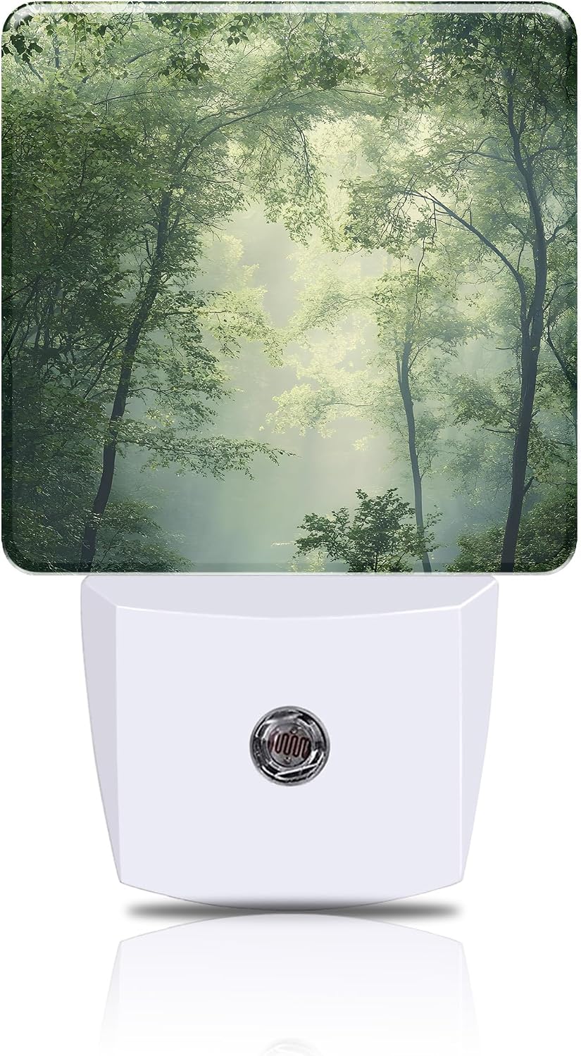 Misty Green Forest Night Light, Plug-in Nightlight with Dusk to Dawn Auto Sensor for Home Bedroom Hallway Kitchen 0.5W Sleep Friendly Led Lamp for Women Men