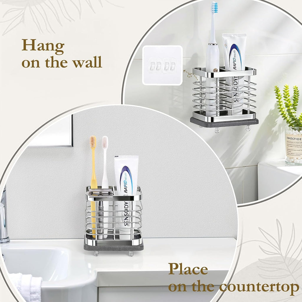 Shinowa Toothbrush Holder Wall Mounted for Bathroom 2 Slots, Silver
