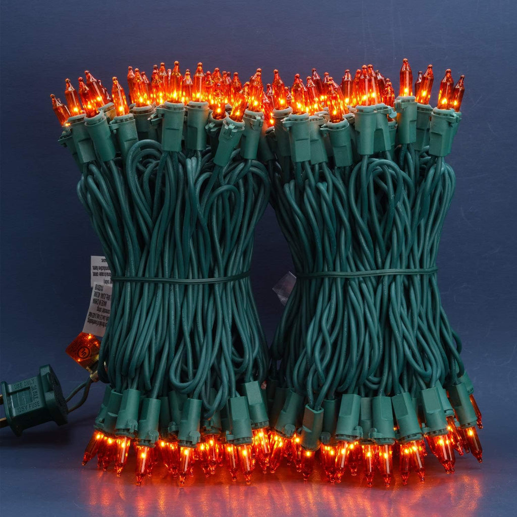 200 Orange Christmas Lights, 2 Set 33 ft 100 ct Green Wire UL String Light