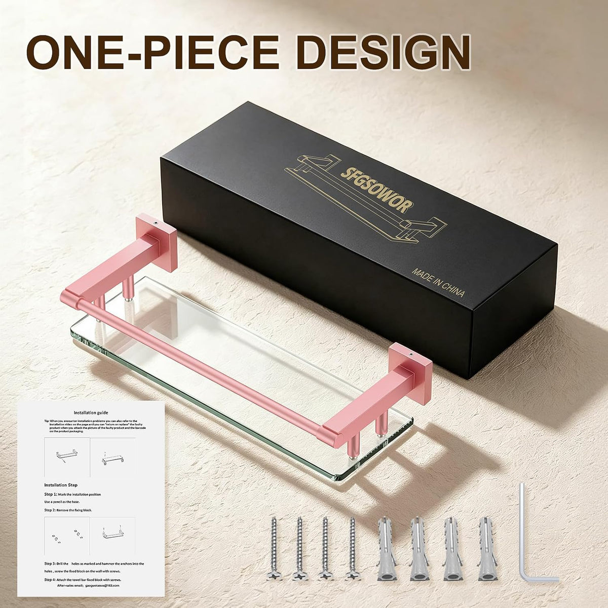 Glass Shelf for Bathroom Rectangular Stainless Steel Tempered Glass Modern Stainless Steel Wall Mount Shelf (Pink, 20″ with Railing)