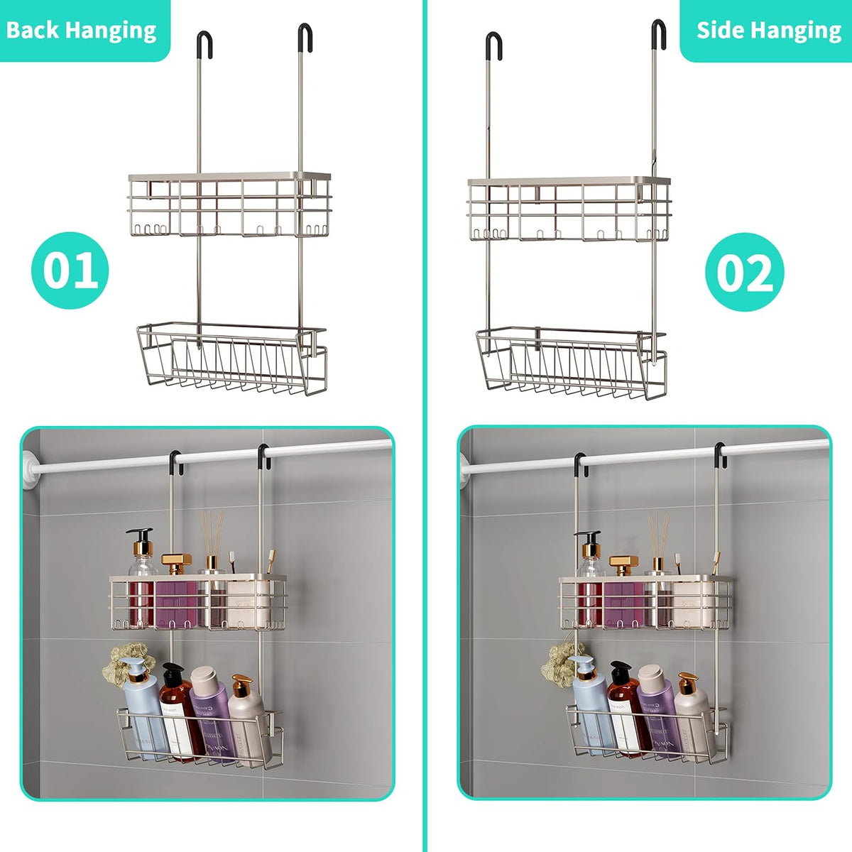 HapiRm Hanging Shower Caddy Organizer - No Drilling Shower Organizer with Inclined Shelf, Rustproof & Waterproof 304 Stainless Steel Bathroom Caddy - Brushed Nickel