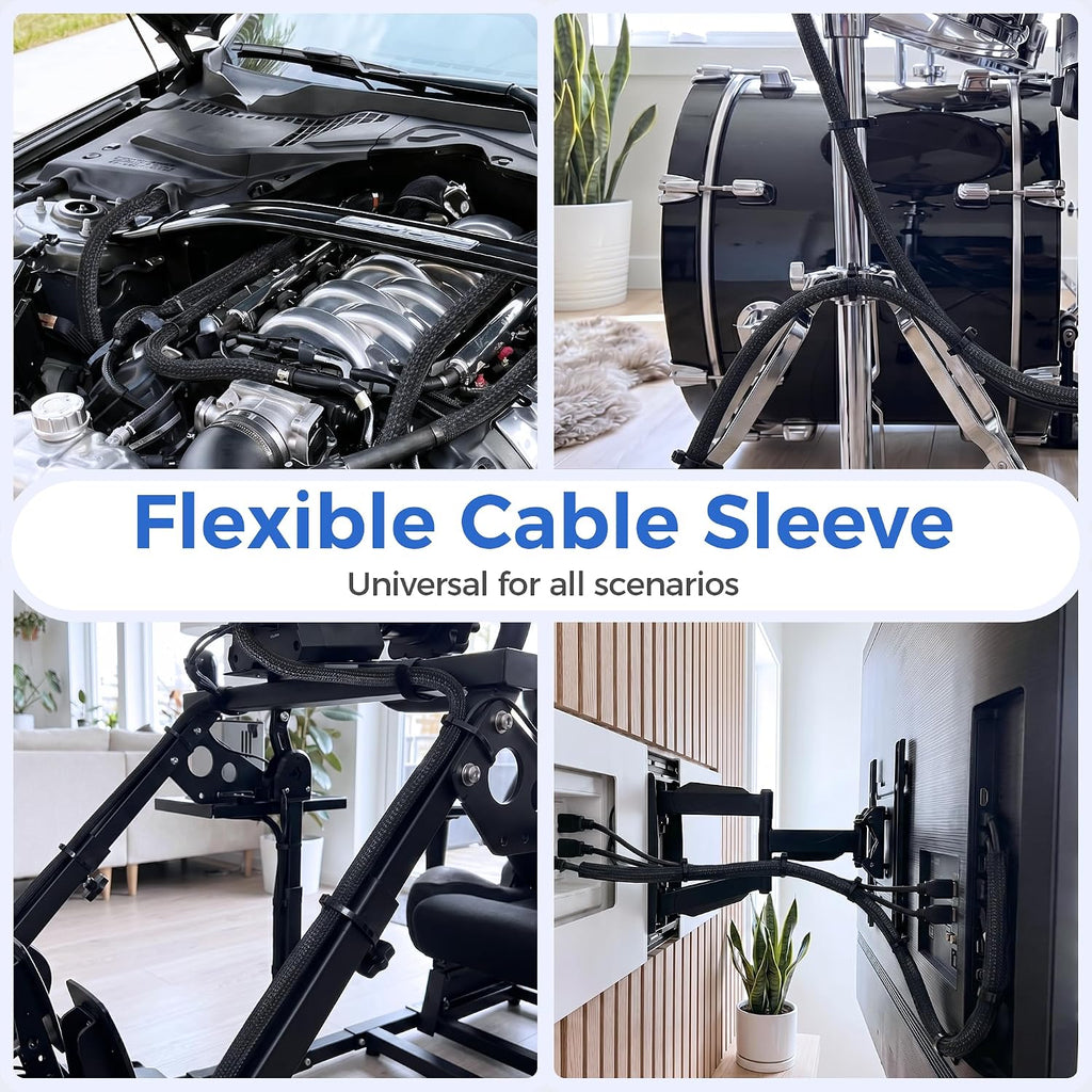 Delamu 30ft - 1/2 inch Cable Sleeve Cord Protector from Pets No Chew, Split-Braided PVC Wire Loom Tubing for Desk Computer USB TV Cord Organizer, Easy Set-up Cable Management Sleeve Kit, Black