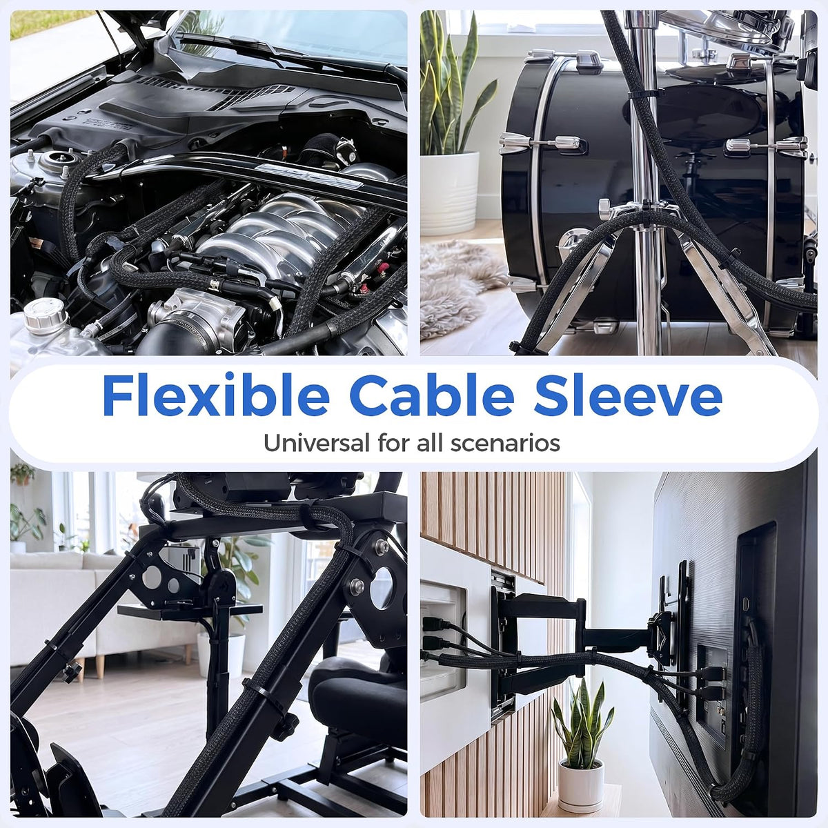 Delamu 30ft - 1/2 inch Cable Sleeve Cord Protector from Pets No Chew, Split-Braided PVC Wire Loom Tubing for Desk Computer USB TV Cord Organizer, Easy Set-up Cable Management Sleeve Kit, Black