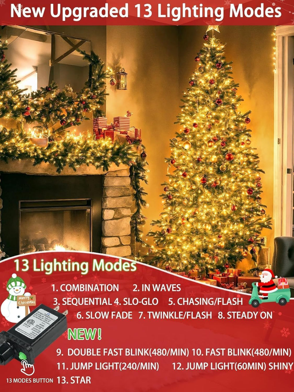 2 Pack 600 LED Christmas Lights 13 Modes Extendable Christmas Tree Lights