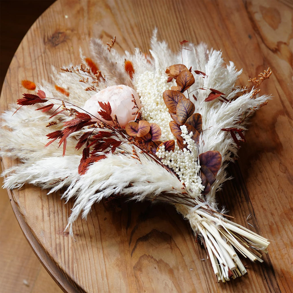 Dried Pampas Grass Bouquet with Faux Peony, Fall Flowers Decor