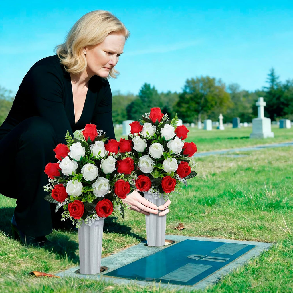 Set of 2 Artificial Cemetery Flowers with Vase, Artificial Grave Flowers Outdoor Memorial Rose Bouquets for Cemetery Headstone Graveyard Decor (Red White)