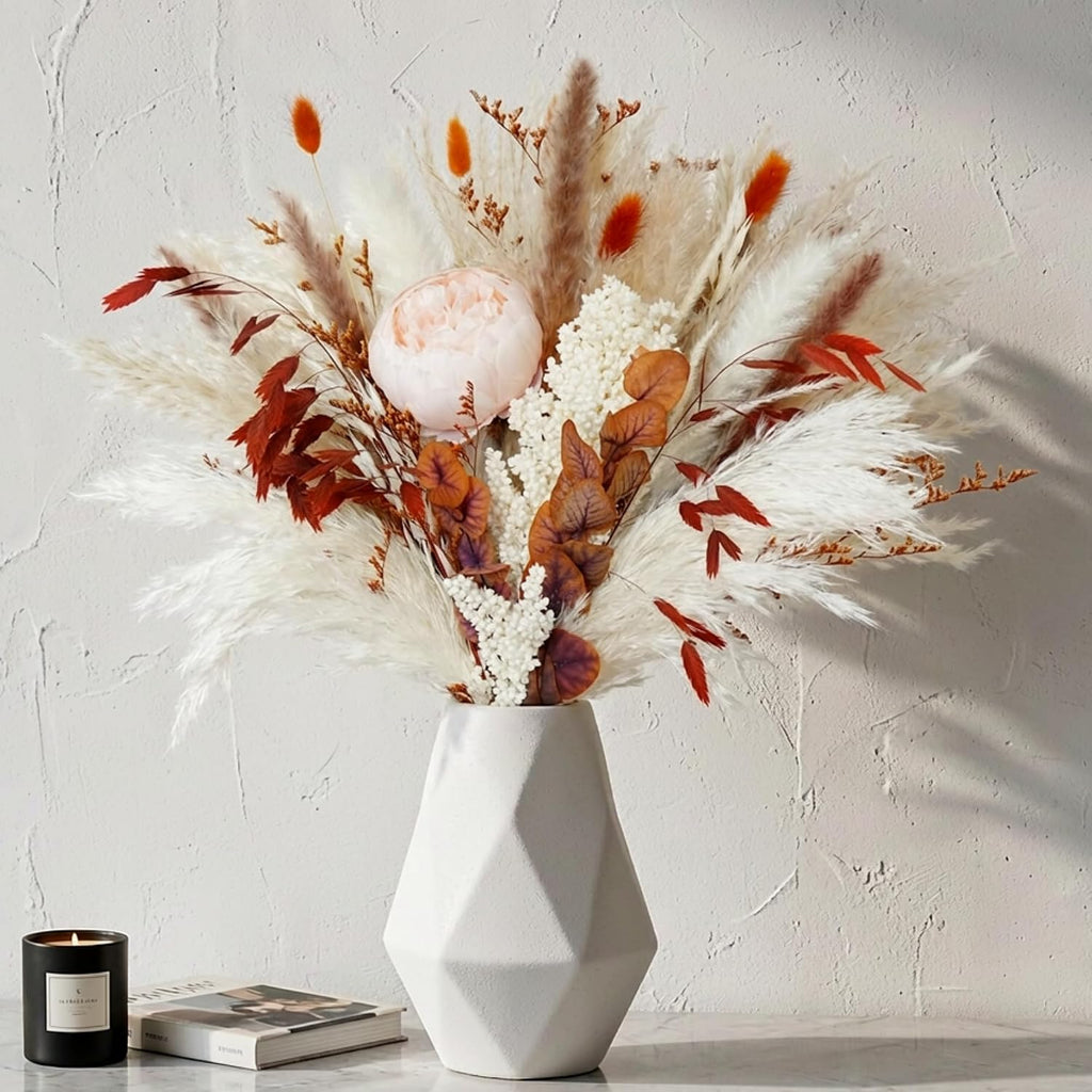 Dried Pampas Grass Bouquet with Faux Peony, Fall Flowers Decor