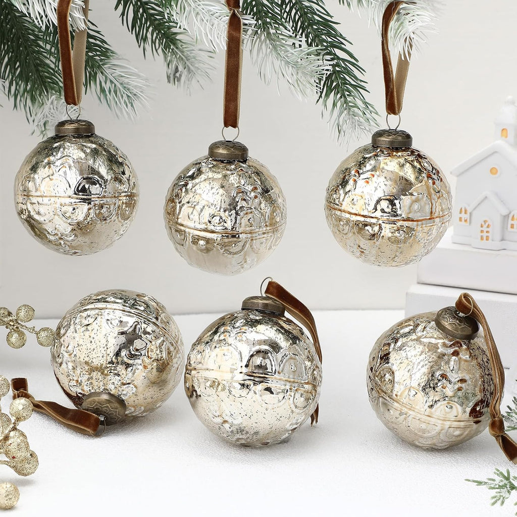 Threan 6 Pcs Champagne Gold Mercury Glass Christmas Ornaments, Etched