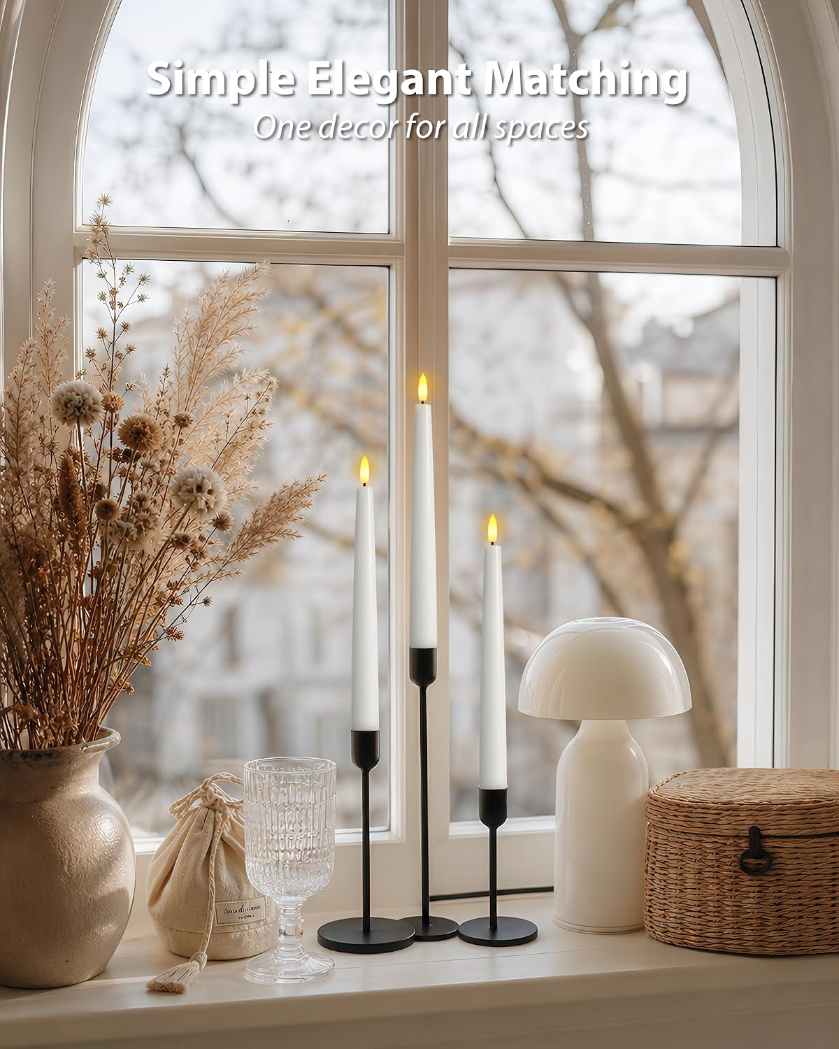 Homemory 9.6 Inches Waxy Flameless Taper Candles with Remote Timer Dimmer, Flickering LED Candlesticks, Battery Operated Window Candle for Christmas Wedding Decor, 6 Pcs White Classic Taper Candles