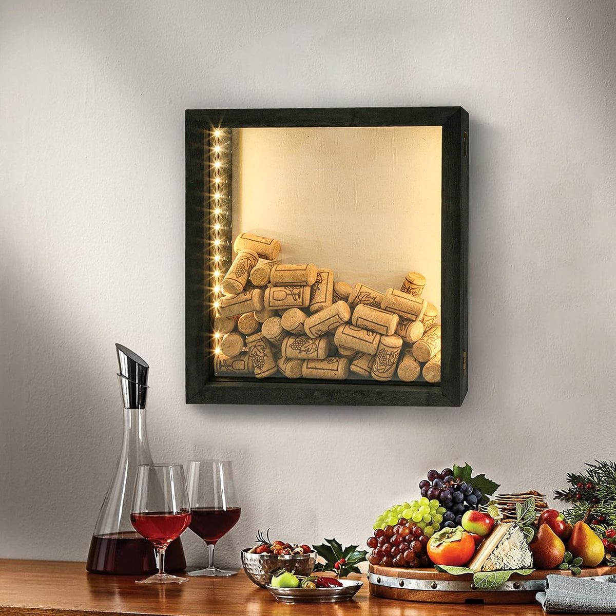 28x30cm LED Shadow Box Frame, Wooden Wine Cork Holder Display Case Built-in LED Lights Memory Keepsake Box for Wine Corks, Ticket Stubs, Photos, Medals & Memorabilia, Wall/Tabletop Mount