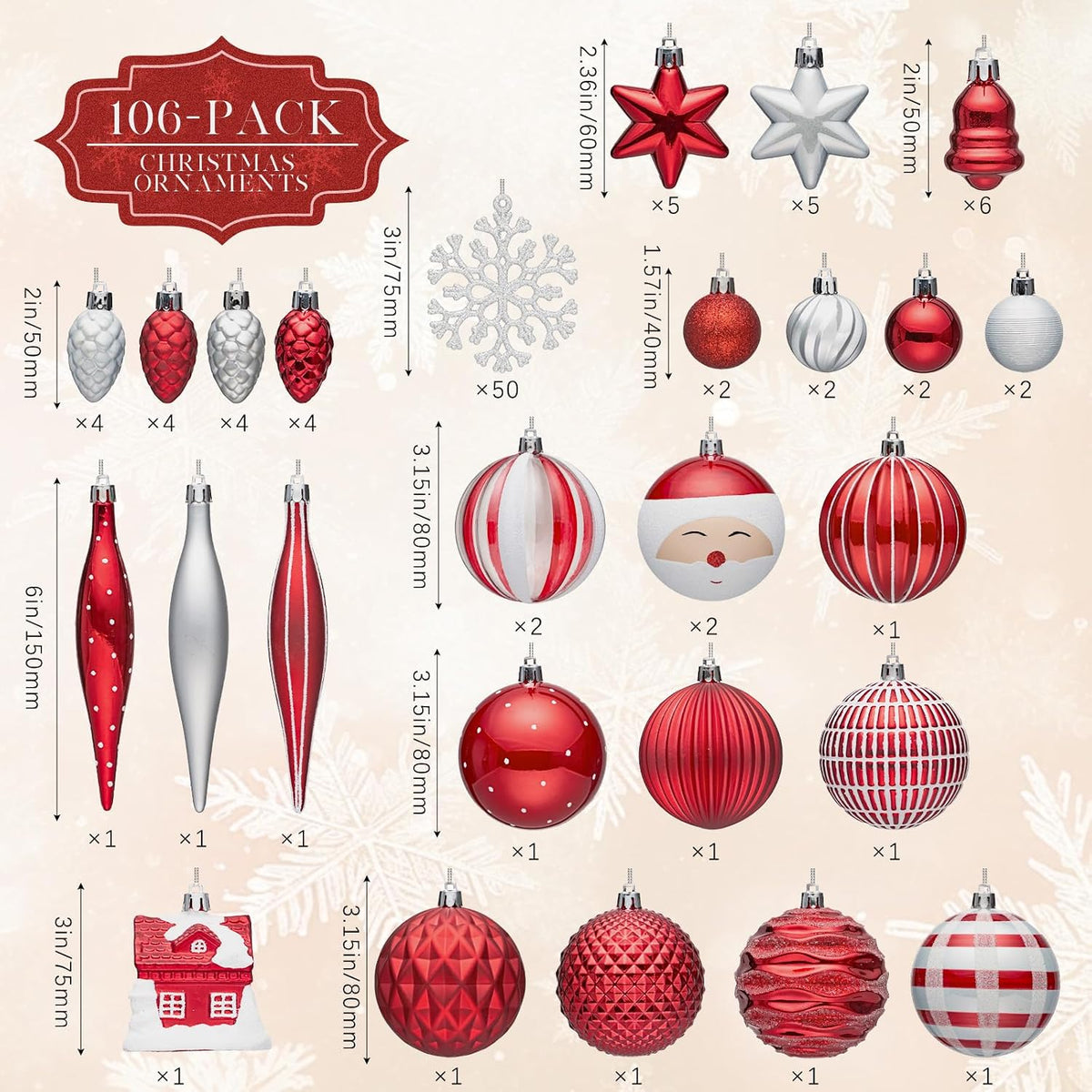 JORNOY 106CT Christmas Ball Ornaments Set, Red & White