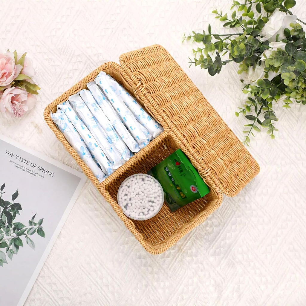 Sumnacon Wicker Storage Basket with Lid, Rectangle Bathroom Narrow Baskets