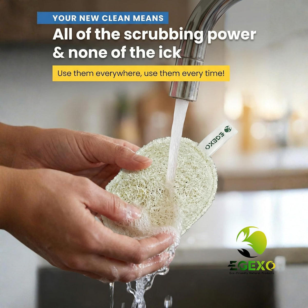 Kitchen Loofah Sponge (4 Pack), Dual Sided Loofahs for Kitchen Dishwashing