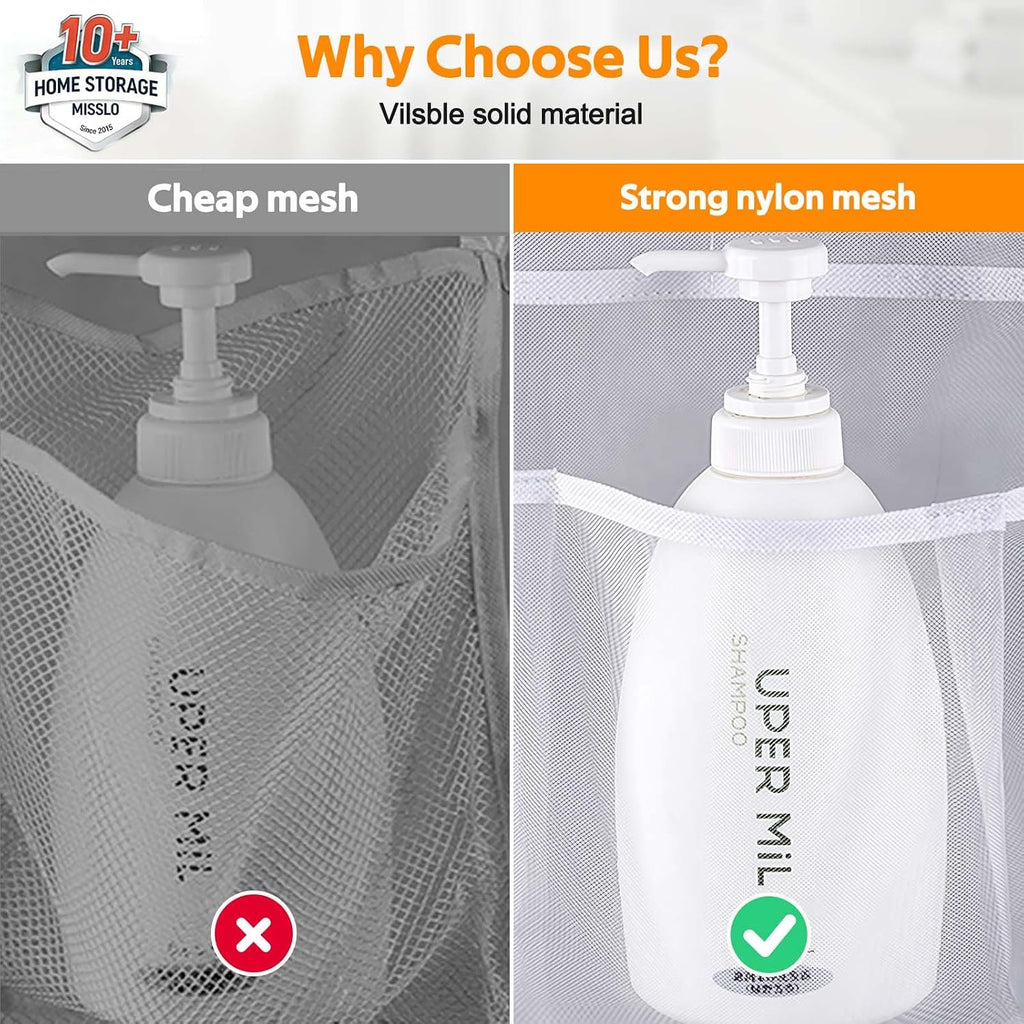 MISSLO Hanging Mesh Pockets Hold 340oz/1000ml Shampoo Shower Organizer with Over the Door Hooks