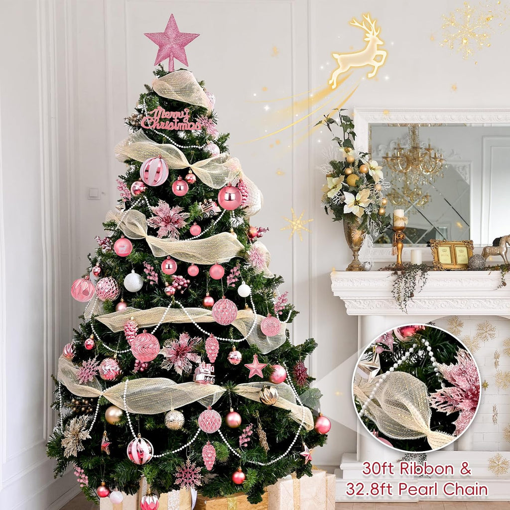 Ktinnead 94 Pcs Christmas Tree Decorations Set, Pink Shatterproof Christmas Tree Hanging Ball Ornaments with Glitter Poinsettia Flowers Decorations Berries Snowflakes for Xmas Party Holiday Wedding