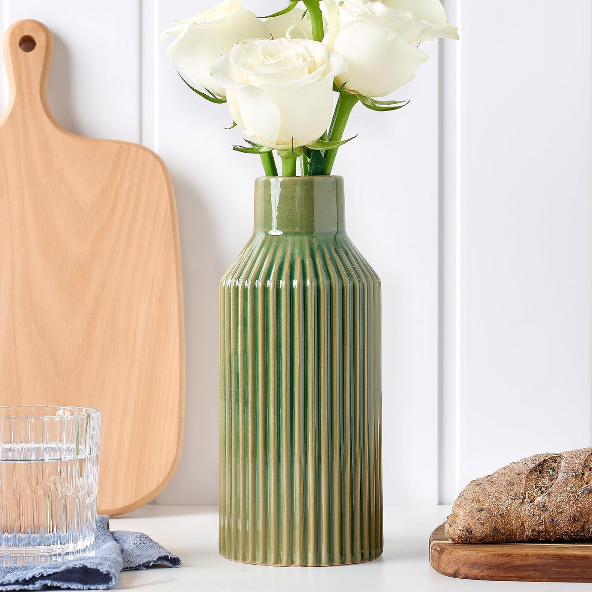 STHIE 8 Inches Ceramic Flower Vase, Green Vases for Centerpieces